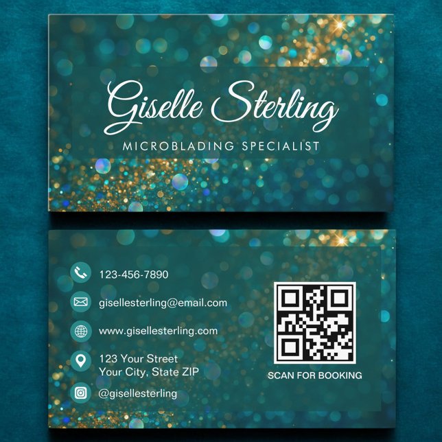 Luxuriöser Aquamarin Gold Glitzer Microblading QR  Visitenkarte (Von Creator hochgeladen)