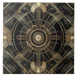 Luxuriöser Art Deco, Schwarz und Gold, Geometrie Fliese