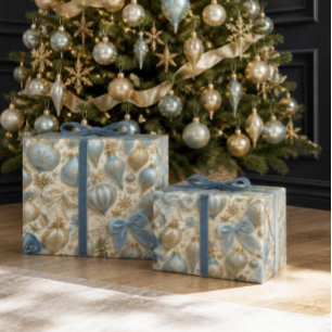 Luxuriöser Babyblauer und Goldener Vintage-Weihnac Geschenkpapier