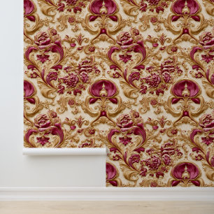 Luxuriöser Barock-Blumen Gold und Burgunderrot Tapete