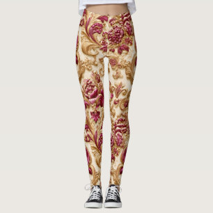 Luxuriöser Barock-Blumenmuster Gold und Burgunderr Leggings