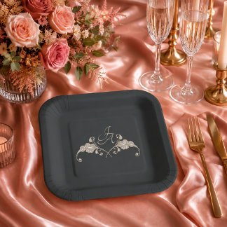Luxuriöser barocker quadratischer Hochzeitspapiert Pappteller