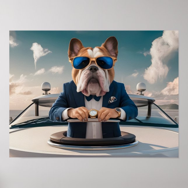 Luxuriöser Bulldog auf Privatyacht mit Champagner Poster (Vorne)