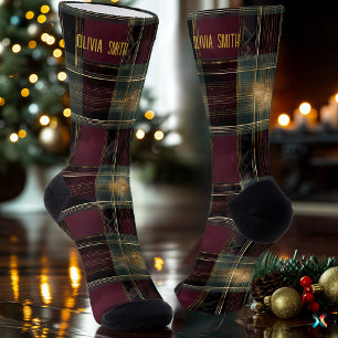 Luxuriöser Burgunder und Goldener Weihnachts-Karo  Socken