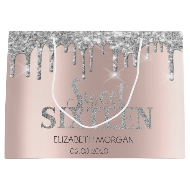 Luxuriöser Glitzer Silver Tropfens Rose Gold Sweet Große Geschenktüte (Vorderseite)