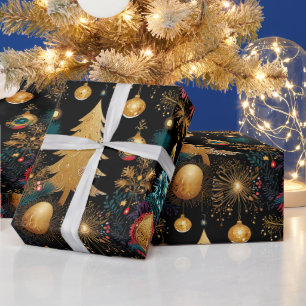Luxuriöser goldener Weihnachtsbaum mit Türkis- und Geschenkpapier