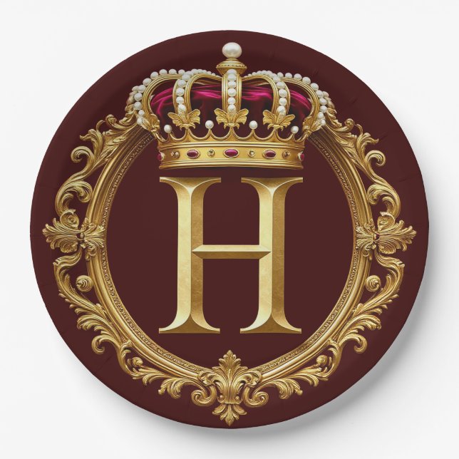 Luxuriöser Goldrahmen mit gekröntem Monogramm Pappteller (Vorderseite)