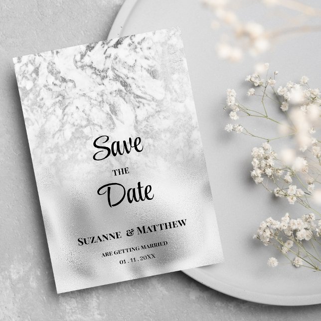 Luxuriöser grauer weißer Marmor Save the Date Einladung (Luxurious gray white silver marble Save the Date)