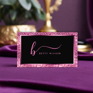 Luxuriöser Hot Pink Glitzer Moderner Script Monogr Visitenkarte