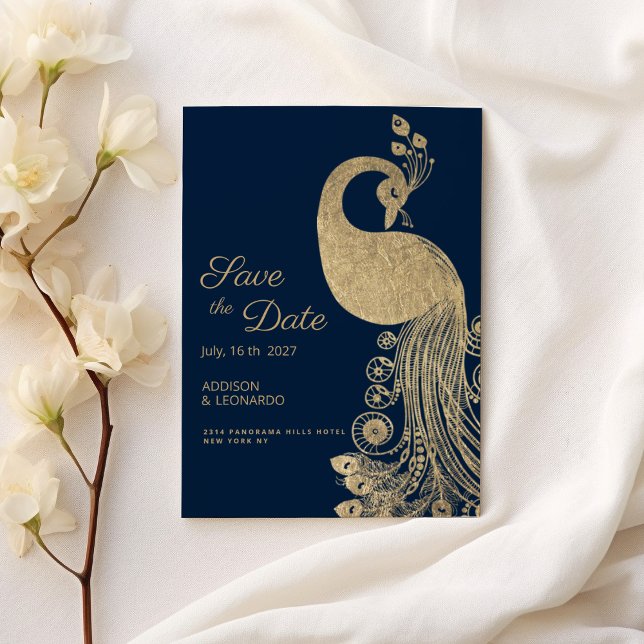 Luxuriöser Königspalast aus blauem Gold Save the D Einladung (Luxury blue gold royal peacock Save the Date)