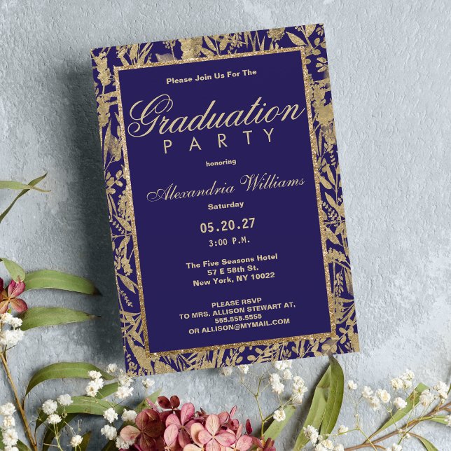 Luxuriöser lila vergoldeter Glitzer Blumenstrauß A Einladung (Luxury purple gold glitter floral Graduation)