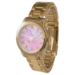 Luxuriöser Marmor Glitzer Rosa Lila Gold Armbanduhr