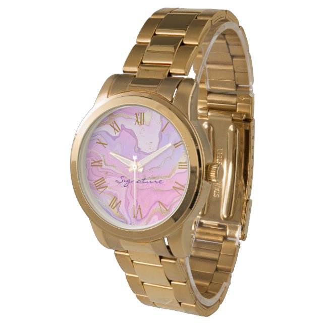 Luxuriöser Marmor Glitzer Rosa Lila Gold Armbanduhr (Schrägansicht)