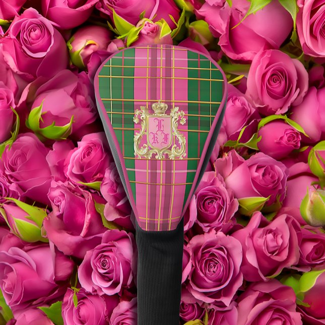 Luxuriöser Mit Monogramm rosa und grüner Karierter Golf Headcover (Stylish Chic Plaid Monogrammed Crest Golf Head Cover Pink and Green )