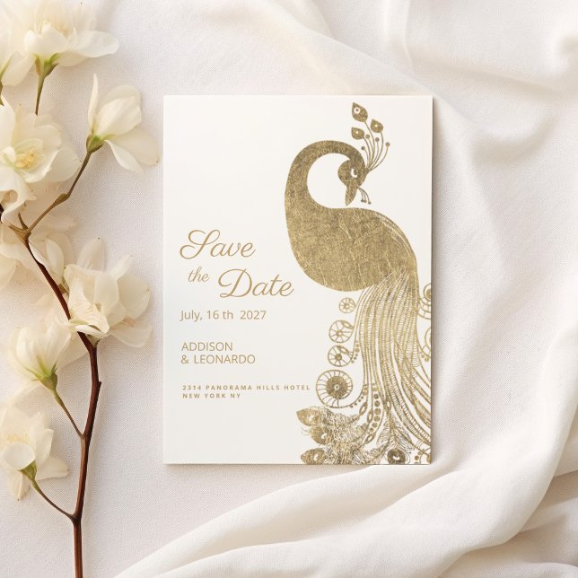 Luxuriöser Pfau aus Weißgoldgold Save the Date Einladung (Luxury white gold royal peacock Save the Date )