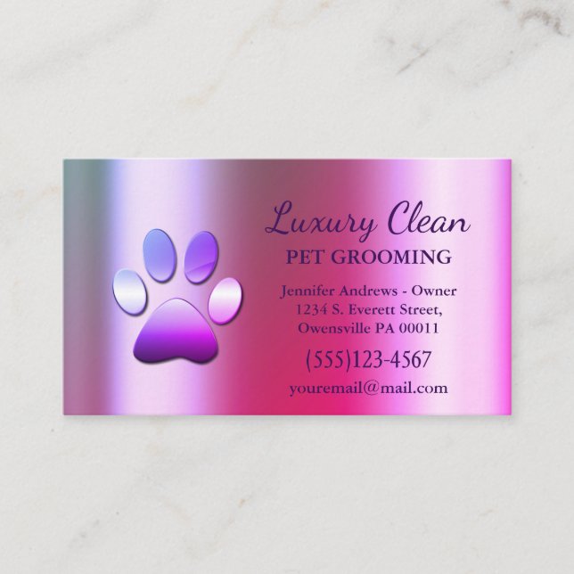 Luxuriöser Pink Metallic Dog Paw Grooming Service Visitenkarte (Vorderseite)