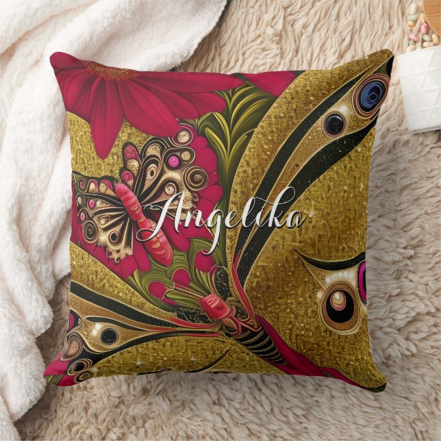 Luxuriöser Red and Gold Butterfly Individuelle Nam Kissen (Decke)