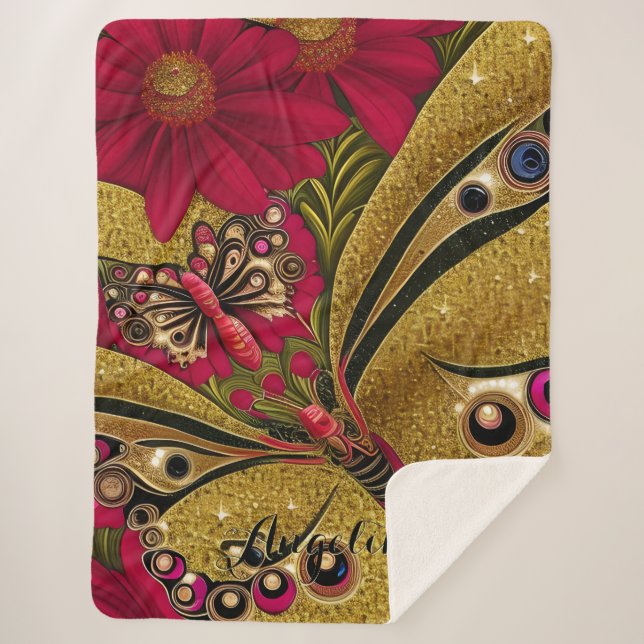 Luxuriöser Red and Gold Butterfly Individuelle Nam Sherpadecke (Vorderseite)