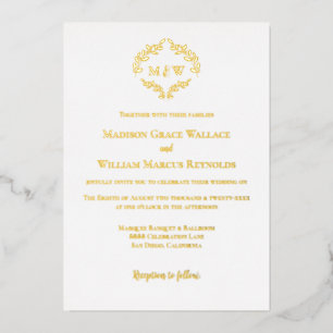 Luxuriöser Romantischer Kranz Monogramm Weißgold Folieneinladung