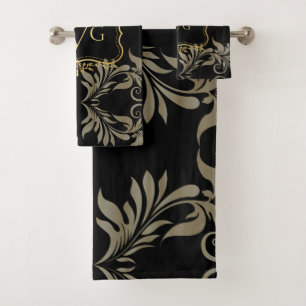 Luxuriöser schwarzer Damast mit Vintagem Goldrahme Badhandtuch Set