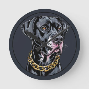 Luxuriöser schwarzer Hund mit Goldkette Runde Wanduhr