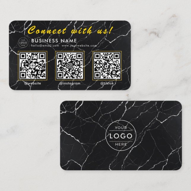Luxuriöser schwarzer Marmor 3 QR-Code Multi-Social Visitenkarte (Vorne/Hinten)