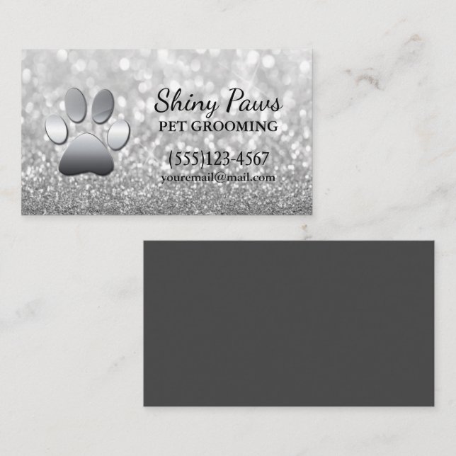 Luxuriöser Silber Glitzer Dog Paw Pet Grooming Ser Visitenkarte (Vorne/Hinten)