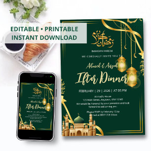 Luxuriöser Smaragdgrün- und Gold-Moschee-Iftar-Din Einladung