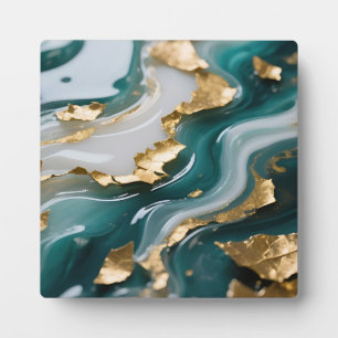 Luxuriöser Türkis-Goldblatt-Fluid-Marmor Fotoplatte
