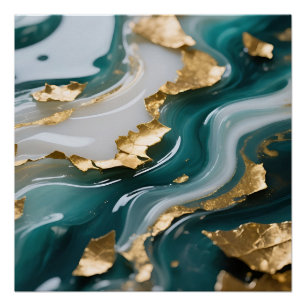 Luxuriöser Türkis-Goldblatt-Fluid-Marmor Poster