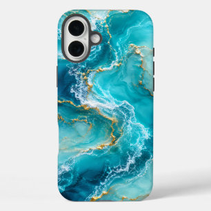Luxuriöser Türkis-Ozean-Marmor mit Goldfolien-Well iPhone 16 Plus Hülle