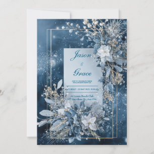 Luxuriöser Winter Himmelblau Blumen Gold Rahmen Einladung