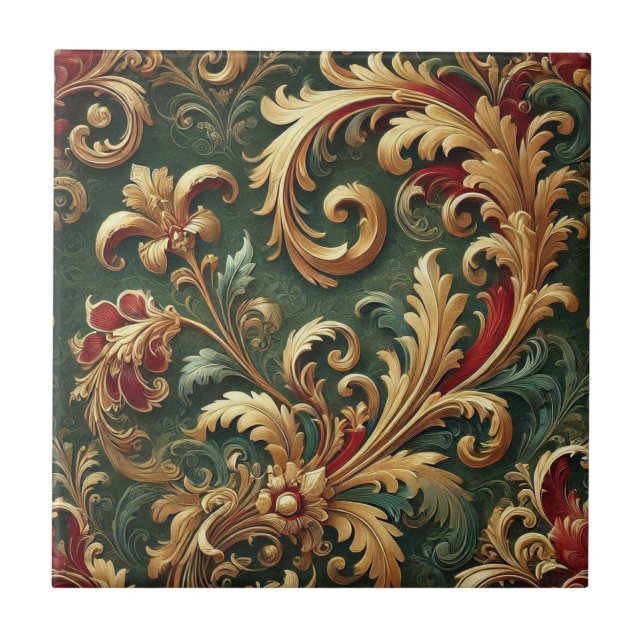 Luxuriöses Barock Damask Muster Fliese (Vorderseite)