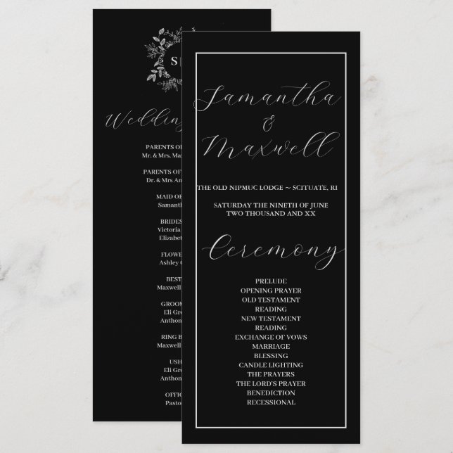 Luxuriöses Black Elegant Hochzeitsprogramm (Vorne/Hinten)
