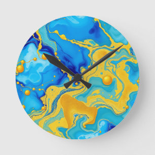 Luxuriöses Blau- und Gold-Alkohol-Tinten-Abstrakt Runde Wanduhr