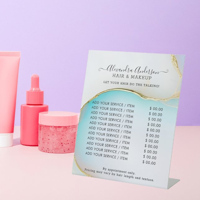 Luxuriöses Blau und Weiß Gold Akzente Agate Marmor Sockelschild (Luxury Blue and White Gold Accents Agate Marble Pedestal Sign)