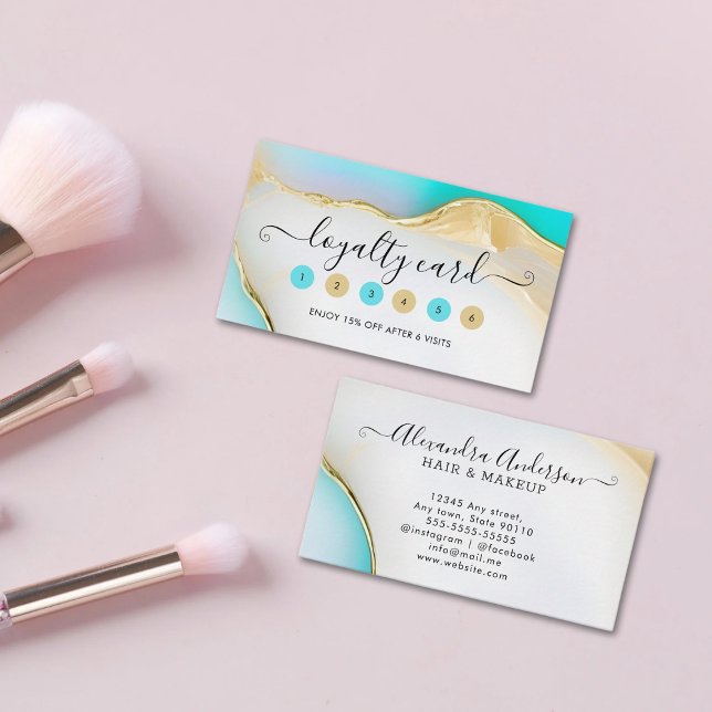 Luxuriöses Blau und Weiß Gold Akzente Agate Marmor Treuekarte (Luxury Blue and White Gold Accents Agate Marble Loyalty Card)