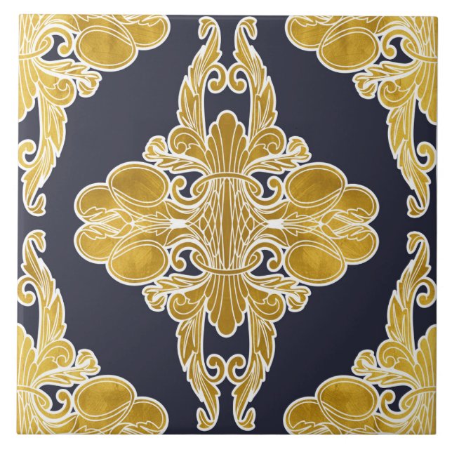 Luxuriöses Design, Blumenmuster, Marineblau, Gold Fliese (Vorderseite)