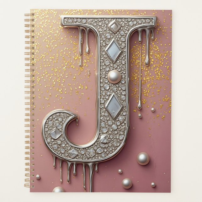 Luxuriöses Diamant-Initial J-Monogramm mit goldene Planer (Vorderseite)