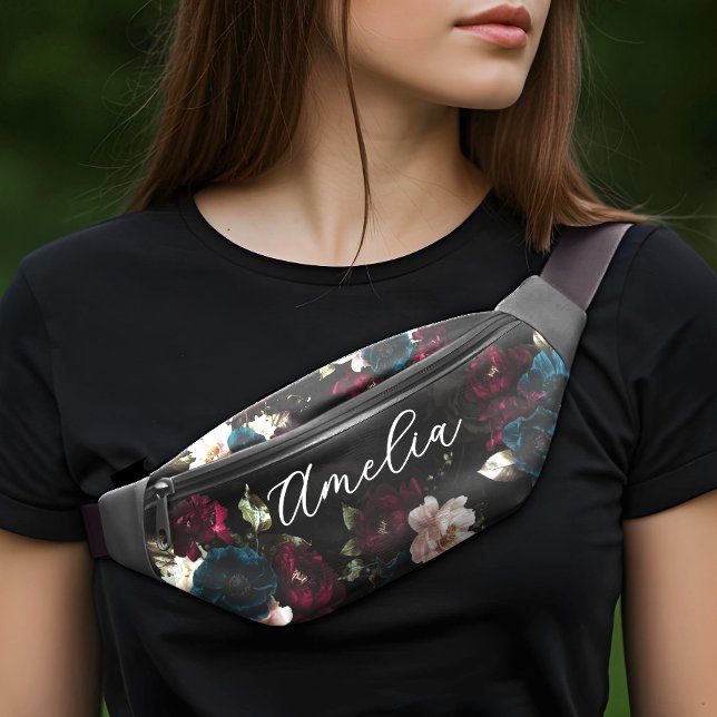 Luxuriöses dunkles Türkis-Rot-Blumen-Monogramm Bauchtasche (Von Creator hochgeladen)