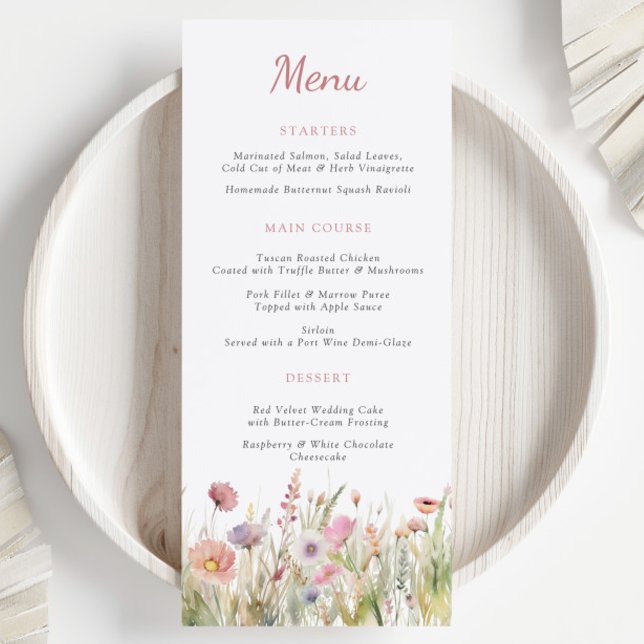 Luxuriöses Dusty Pink Wildblume Wedding Menu Menükarte (Von Creator hochgeladen)