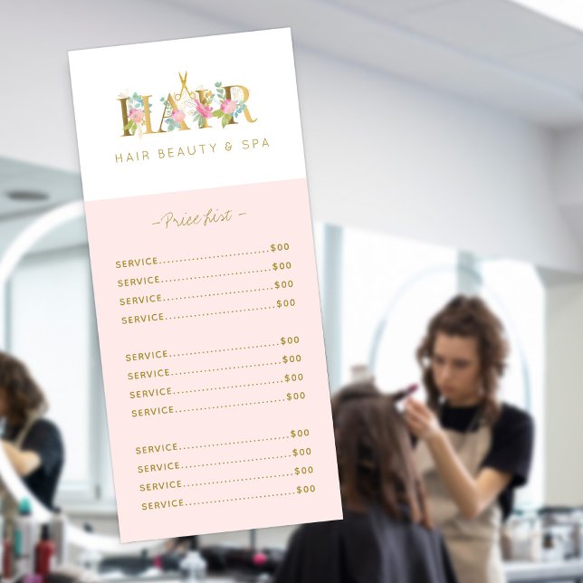 Luxuriöses, elegantes Friseur-Salon Rosa Gold-Menü Werbekarte (Von Creator hochgeladen)