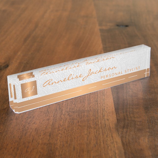 Luxuriöses, elegantes weißes Ledergold mit Monogra Namensplakette (Seite)