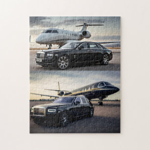 Luxuriöses Flugzeug in Weiß und Schwarz mit Autos- Puzzle