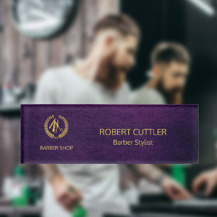 Luxuriöses Friseur lila Leder Look Gold Namenschild