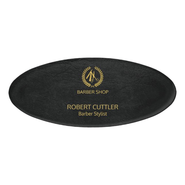 Luxuriöses Friseur-Shop schwarzes Leder Look Gold Namenschild (Vorderseite)