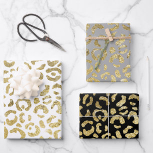 Luxuriöses Glam Gold Gray Leopard Print Set 3 Geschenkpapier Set
