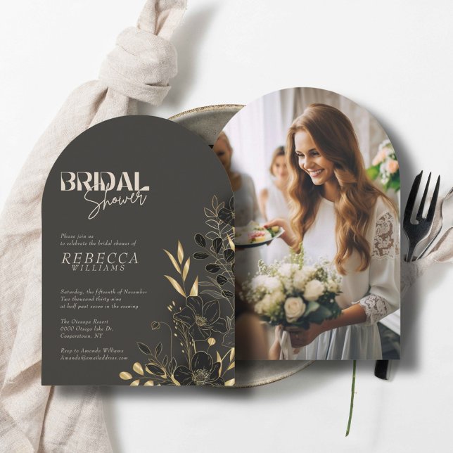 Luxuriöses Gold Floral 1 Foto Arch Brautparty Einladung (Von Creator hochgeladen)
