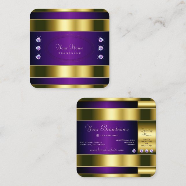 Luxuriöses Gold und Lila mit Imitate Diamonds Quadratische Visitenkarte
