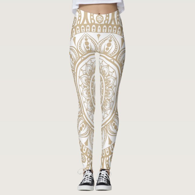 Luxuriöses Gold und Weiß Design Mandala Blumenmoor Leggings (Vorderseite)